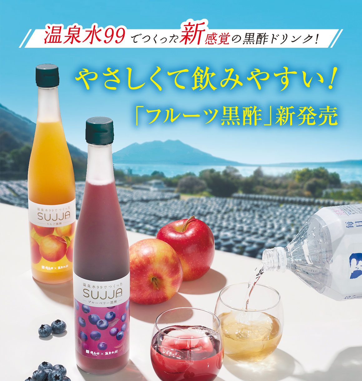 フルーツ黒酢 新発売 温泉水99使用の黒酢ドリンク